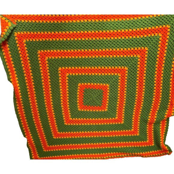 Vintage 1970s Handmade Crochet Afghan Blanket 58" X 54" Green Orange Yellow Squa - Picture 2 of 5